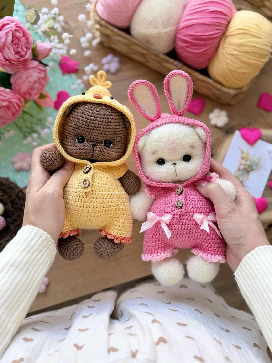 Bear in overalls Chick, Bunny and Goose Crochet Pattern