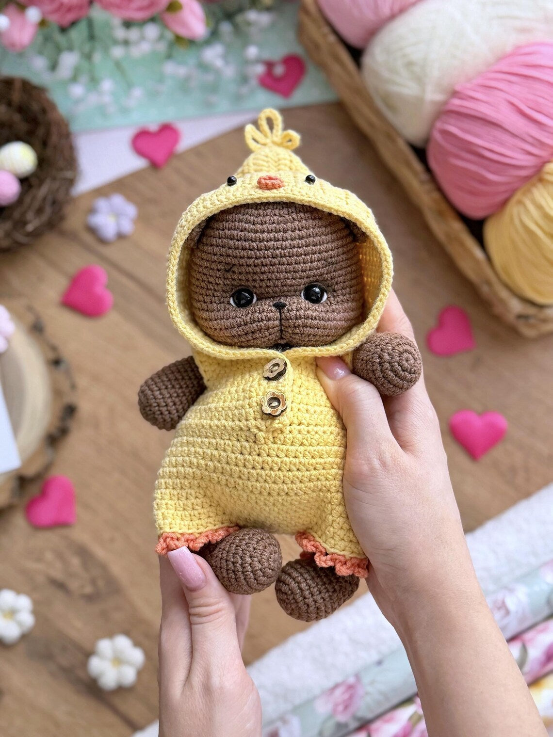 Bear in overalls Chick, Bunny and Goose Crochet Pattern