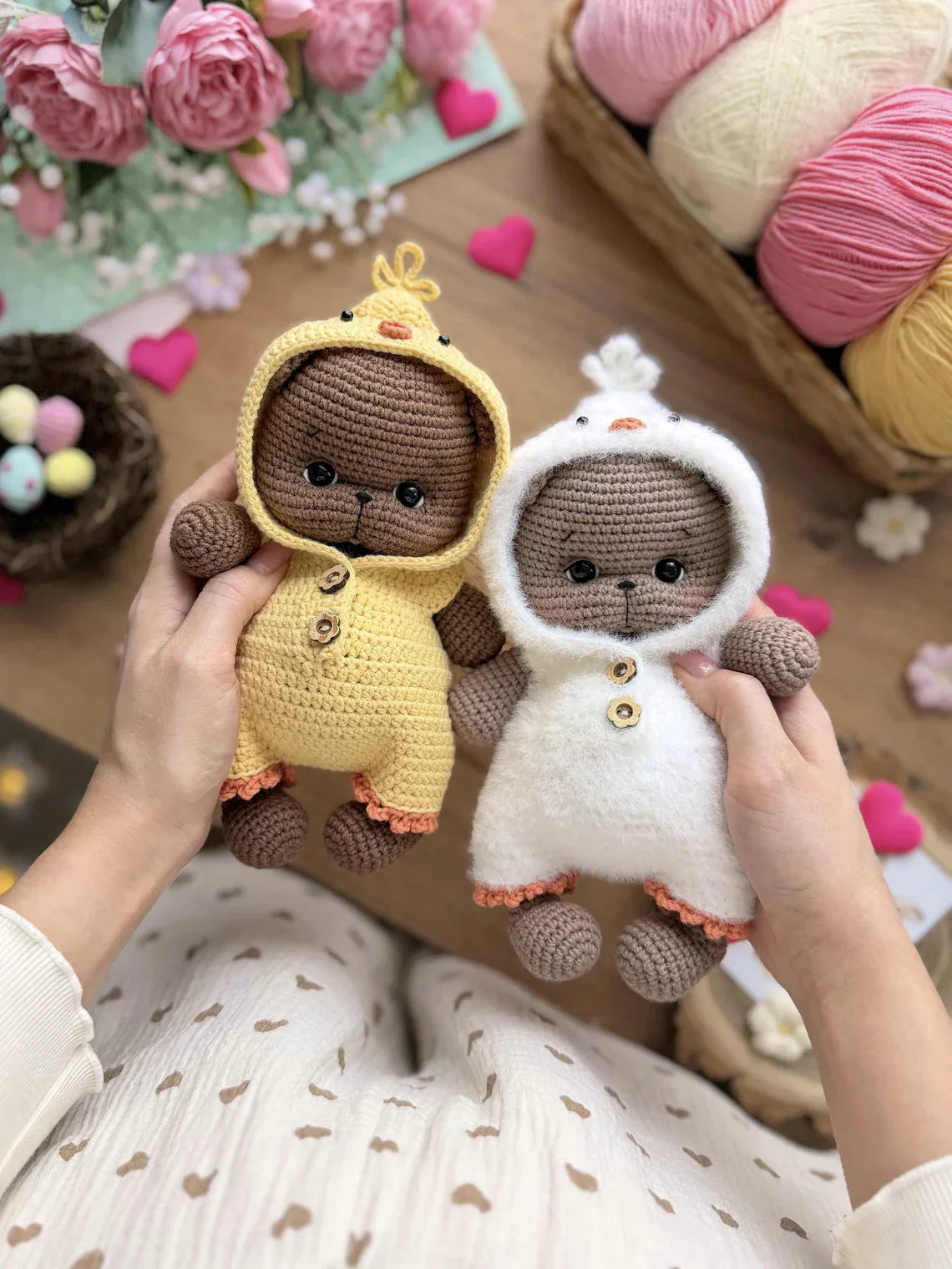 Bear in overalls Chick, Bunny and Goose Crochet Pattern