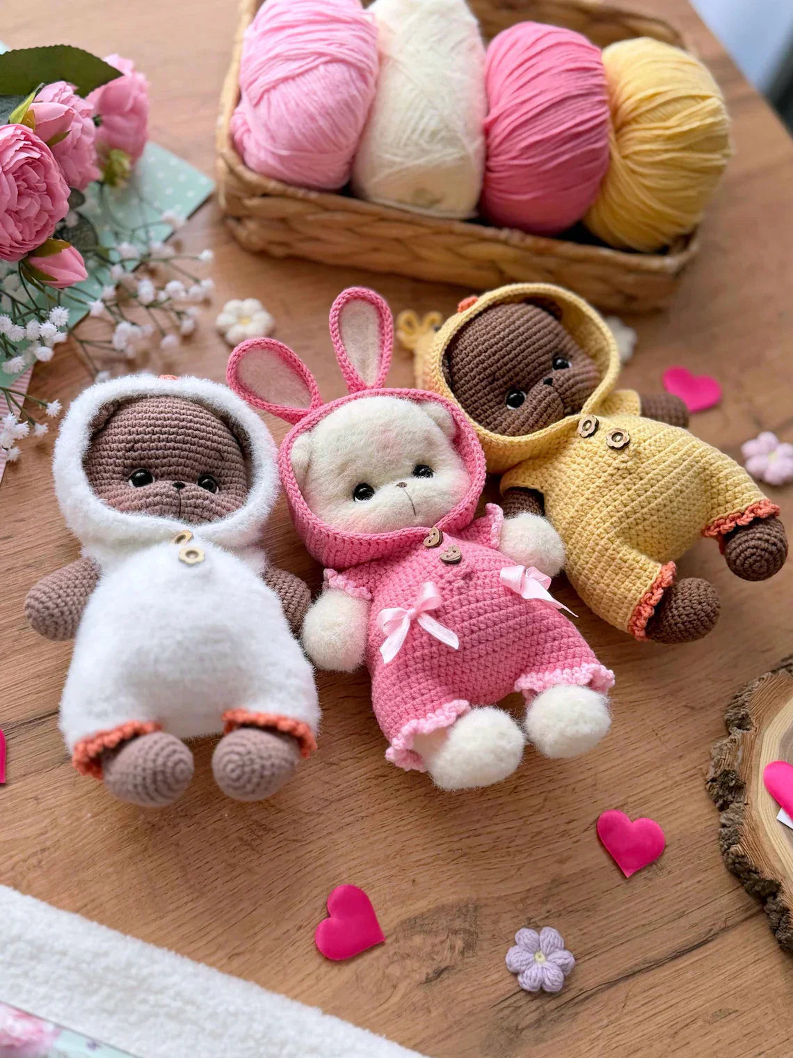 Bear in overalls Chick, Bunny and Goose Crochet Pattern